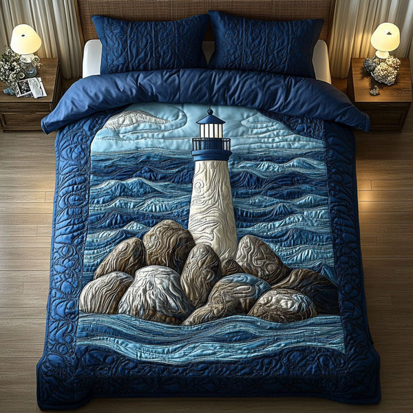 Mariner Guide quilted 3-piece bedding set on a made bed in a warmly lit bedroom