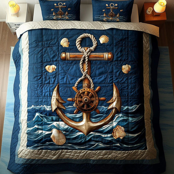 Mariner Helm quilted 3-piece bedding set on a made bed in a warmly lit bedroom