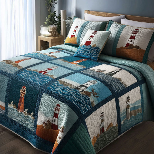 Mariner Spire quilted 3-piece bedding set on a made bed in a warmly lit bedroom