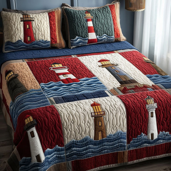 Mariner Spire quilted 3-piece bedding set on a made bed in a warmly lit bedroom