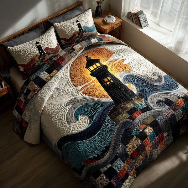 Mariner Spire quilted 3-piece bedding set on a made bed in a warmly lit bedroom