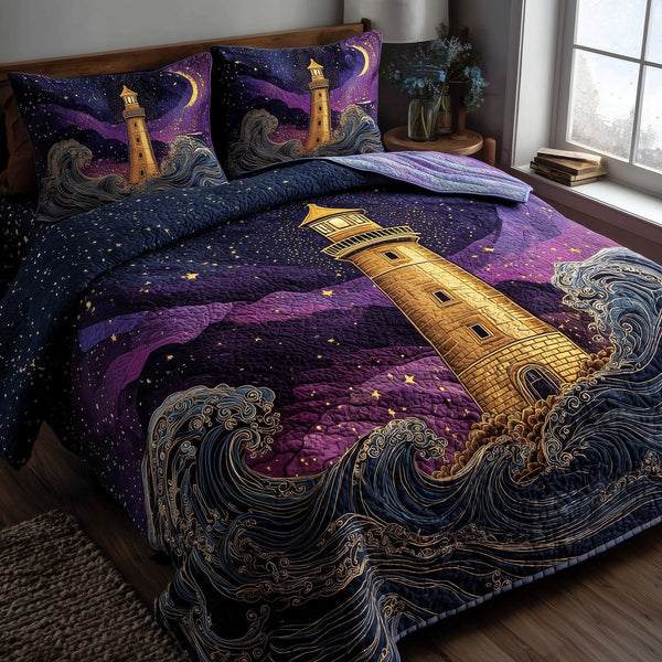 Mariner Spire quilted 3-piece bedding set on a made bed in a warmly lit bedroom
