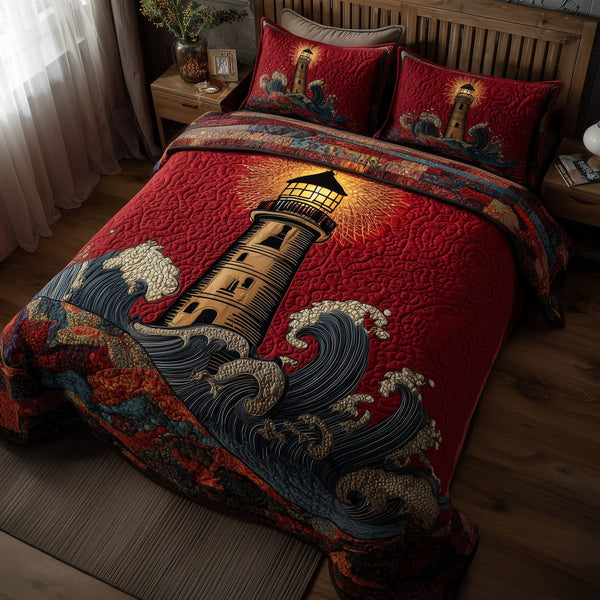 Mariner Spire quilted 3-piece bedding set on a made bed in a warmly lit bedroom