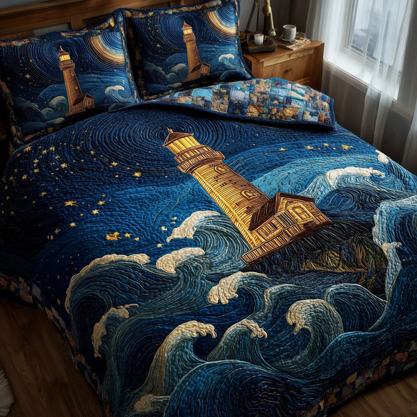 Mariner Spire quilted 3-piece bedding set on a made bed in a warmly lit bedroom