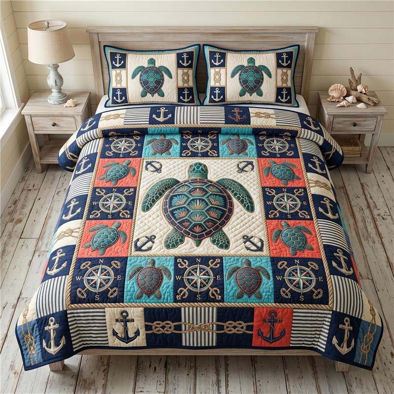Mariner Turtle quilted 3-piece bedding set on a made bed in a warmly lit bedroom