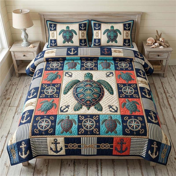 Mariner Turtle quilted 3-piece bedding set on a made bed in a warmly lit bedroom