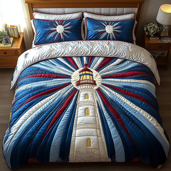 Maritime Charm quilted 3-piece bedding set on a made bed with two matching pillow shams