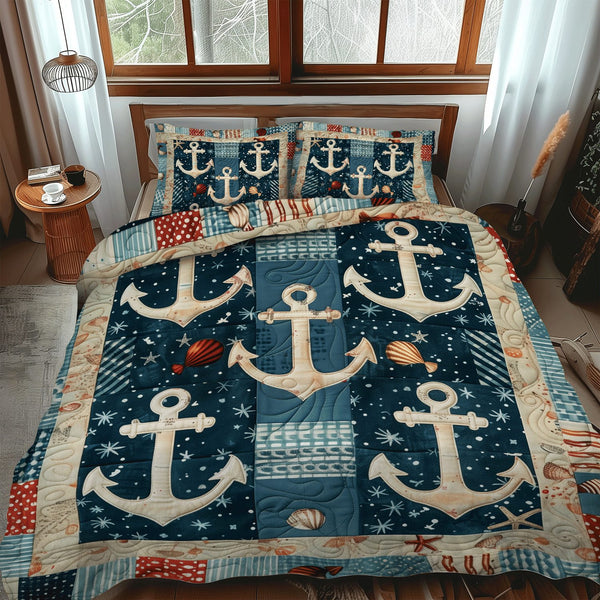 Maritime Dreams quilted 3-piece bedding set on a made bed with two matching pillow shams