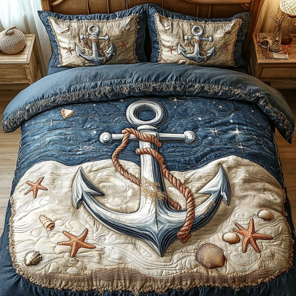 Maritime Escape quilted 3-piece bedding set on a made bed with two matching pillow shams