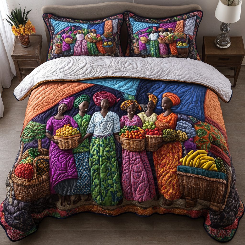 Market Queens quilted 3-piece bedding set on a made bed with two matching pillow shams
