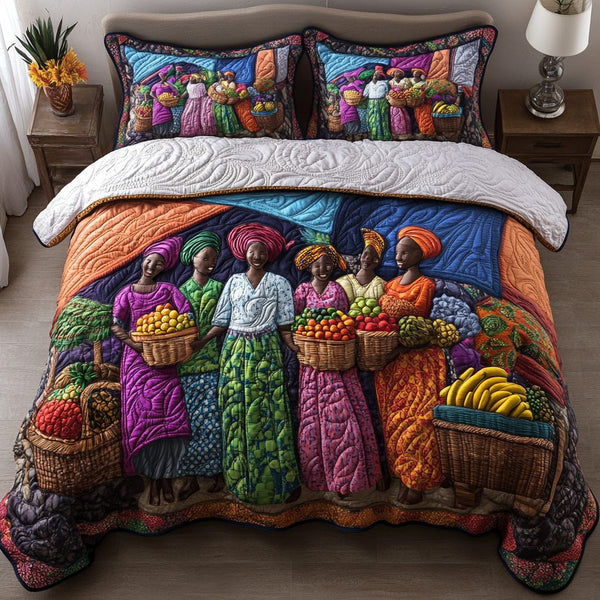 Market Queens quilted 3-piece bedding set on a made bed with two matching pillow shams
