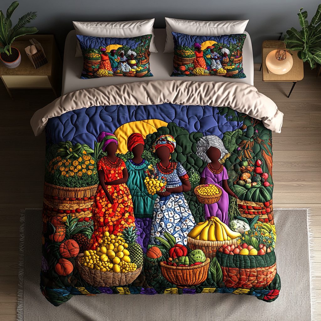 Market Vibes quilted 3-piece bedding set on a made bed with two matching pillow shams