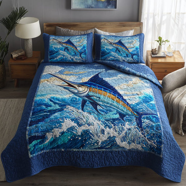 Marlin Adventure quilted 3-piece bedding set on a made bed in a winter-styled bedroom
