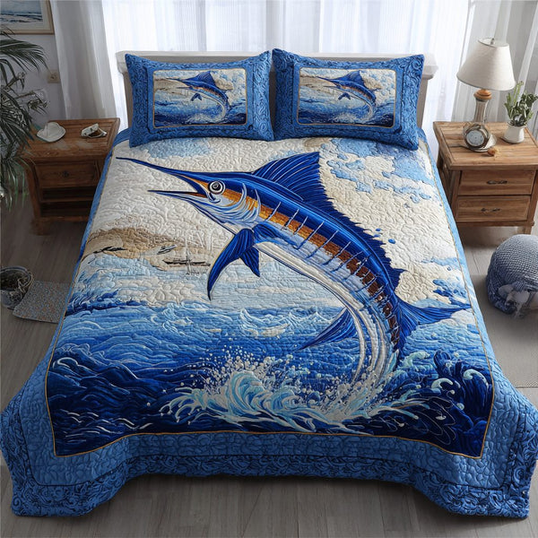 Marlin Glory quilted 3-piece bedding set on a made bed with two matching pillow shams