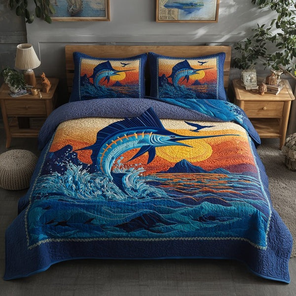 Marlin Spirit quilted 3-piece bedding set on a made bed with two matching pillow shams