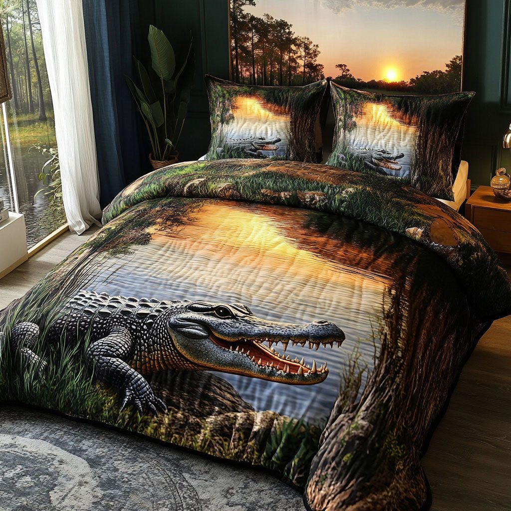 Marshside Majesty quilted 3-piece bedding set on a made bed with two matching pillow shams