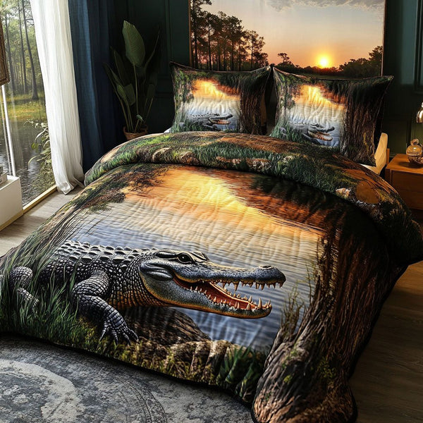 Marshside Majesty quilted 3-piece bedding set on a made bed with two matching pillow shams