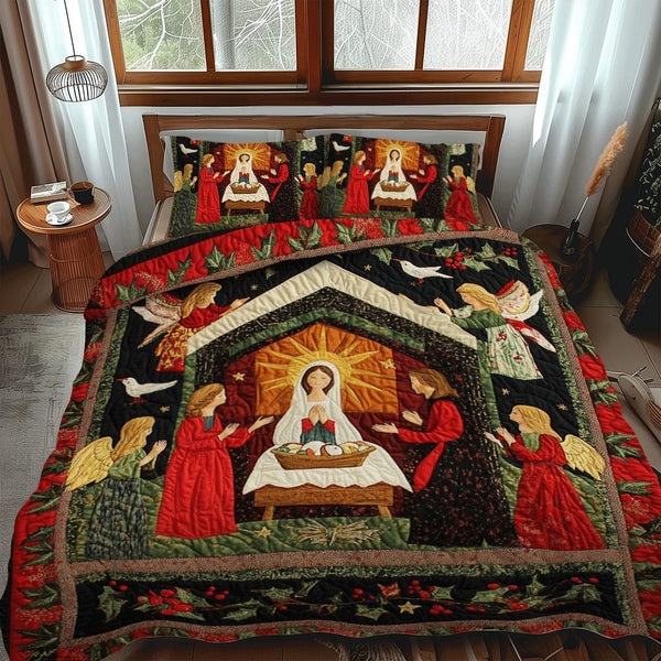 Mary And Joseph quilted 3-piece bedding set on a made bed with two matching pillow shams