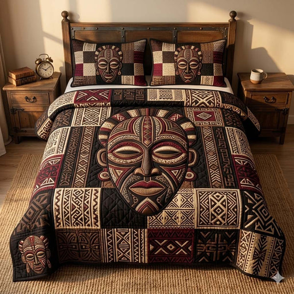 Mask Heritage quilted 3-piece bedding set on a made bed in a farmhouse bedroom