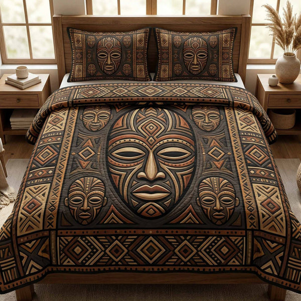Mask Legacy quilted 3-piece bedding set on a made bed with two matching pillow shams