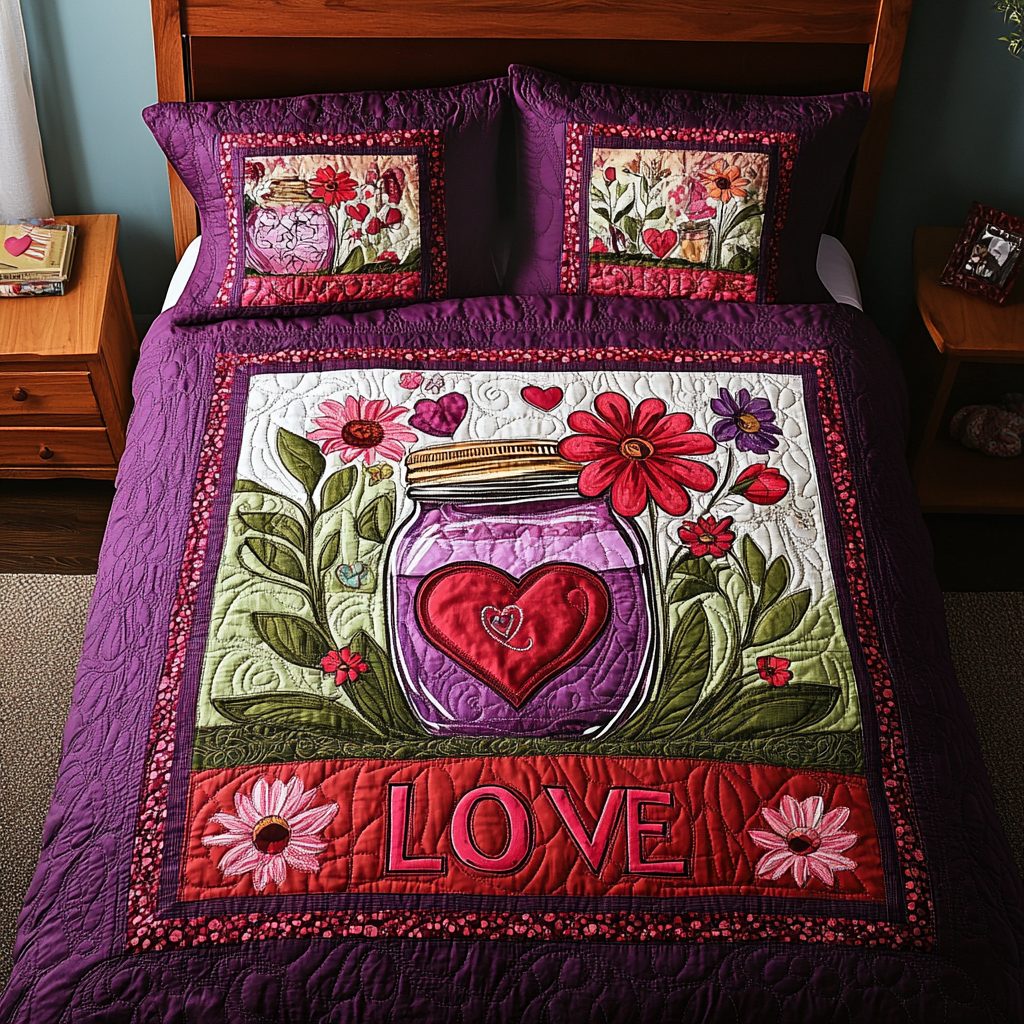 Mason Jar Love quilted 3-piece bedding set on a made bed with two matching pillow shams