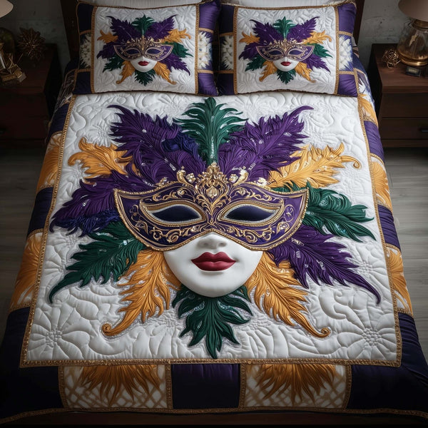 Masquerade Dream quilted 3-piece bedding set on a made bed with two matching pillow shams