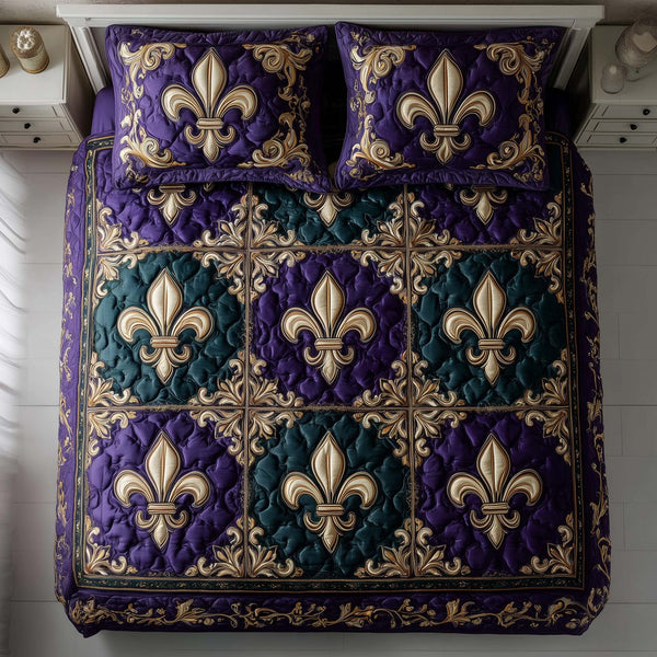 Masquerade Dream quilted 3-piece bedding set on a made bed with two matching pillow shams