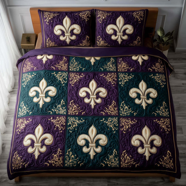 Masquerade Dream quilted 3-piece bedding set on a made bed with two matching pillow shams