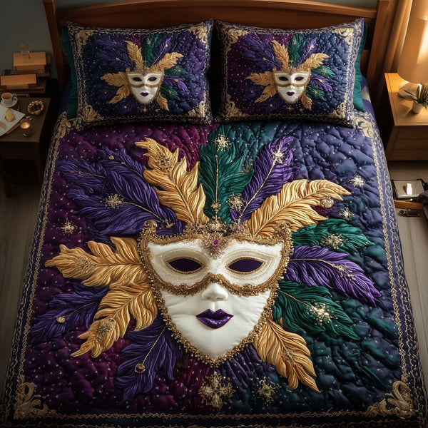 Masquerade Dream quilted 3-piece bedding set on a made bed with two matching pillow shams