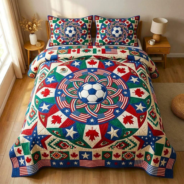 Match Day quilted 3-piece bedding set on a made bed with two matching pillow shams