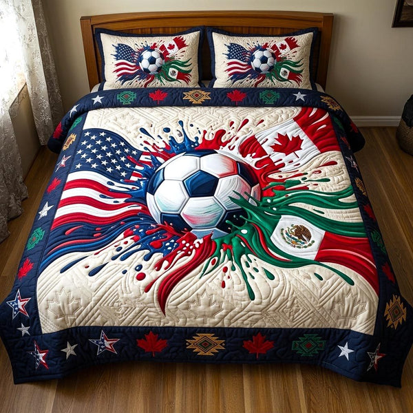 Match Day quilted 3-piece bedding set on a made bed with two matching pillow shams