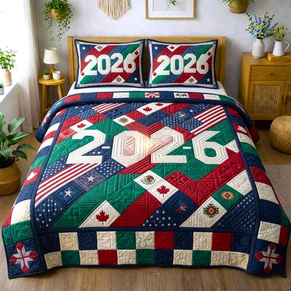 Match Day quilted 3-piece bedding set on a made bed with two matching pillow shams