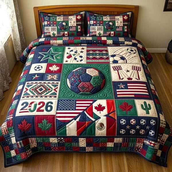Match Day quilted 3-piece bedding set on a made bed with two matching pillow shams