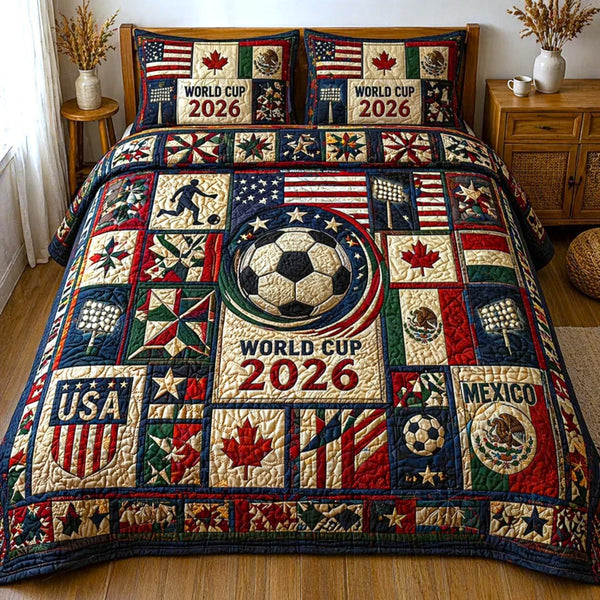 Match Day quilted 3-piece bedding set on a made bed with two matching pillow shams