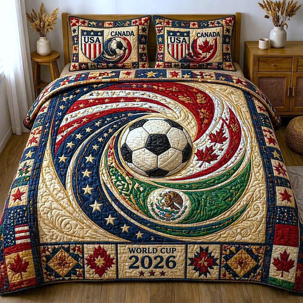 Match Day quilted 3-piece bedding set on a made bed with two matching pillow shams