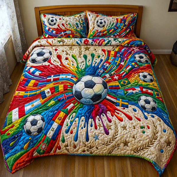 Match Day quilted 3-piece bedding set on a made bed with two matching pillow shams