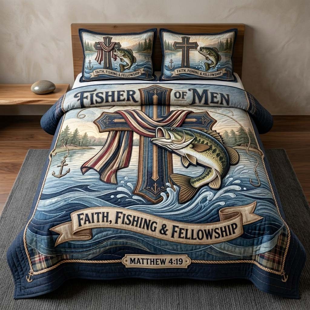 Matthew Fisher quilted 3-piece bedding set on a made bed with two matching pillow shams