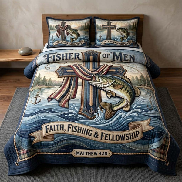 Matthew Fisher quilted 3-piece bedding set on a made bed with two matching pillow shams