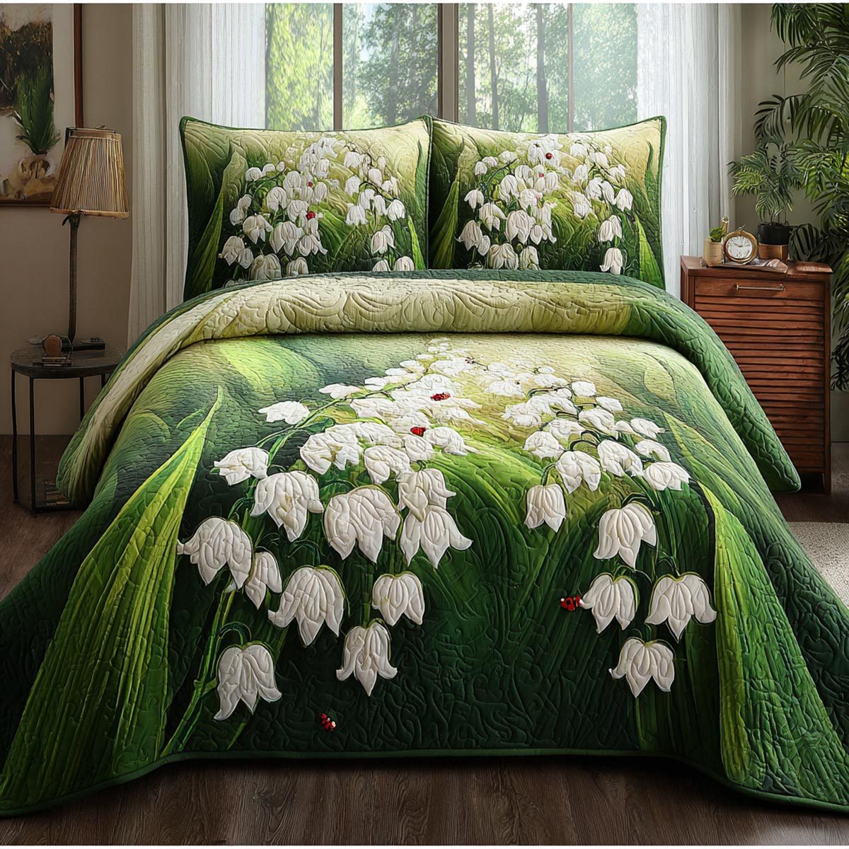 May Blooms quilted 3-piece bedding set on a made bed with two matching pillow shams