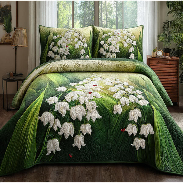 May Blooms quilted 3-piece bedding set on a made bed with two matching pillow shams