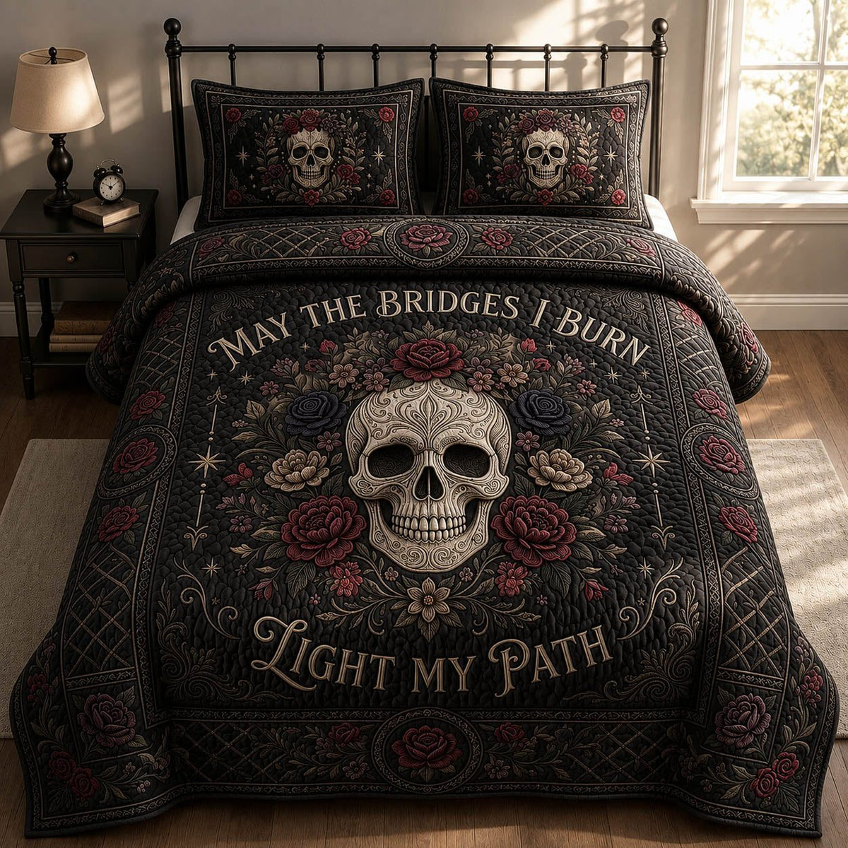 May The Bridges I Burn quilted 3-piece bedding set on a made bed with two matching pillow shams