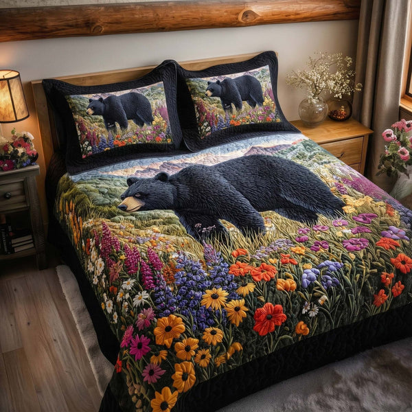 Meadow Bear quilted 3-piece bedding set on a made bed with two matching pillow shams