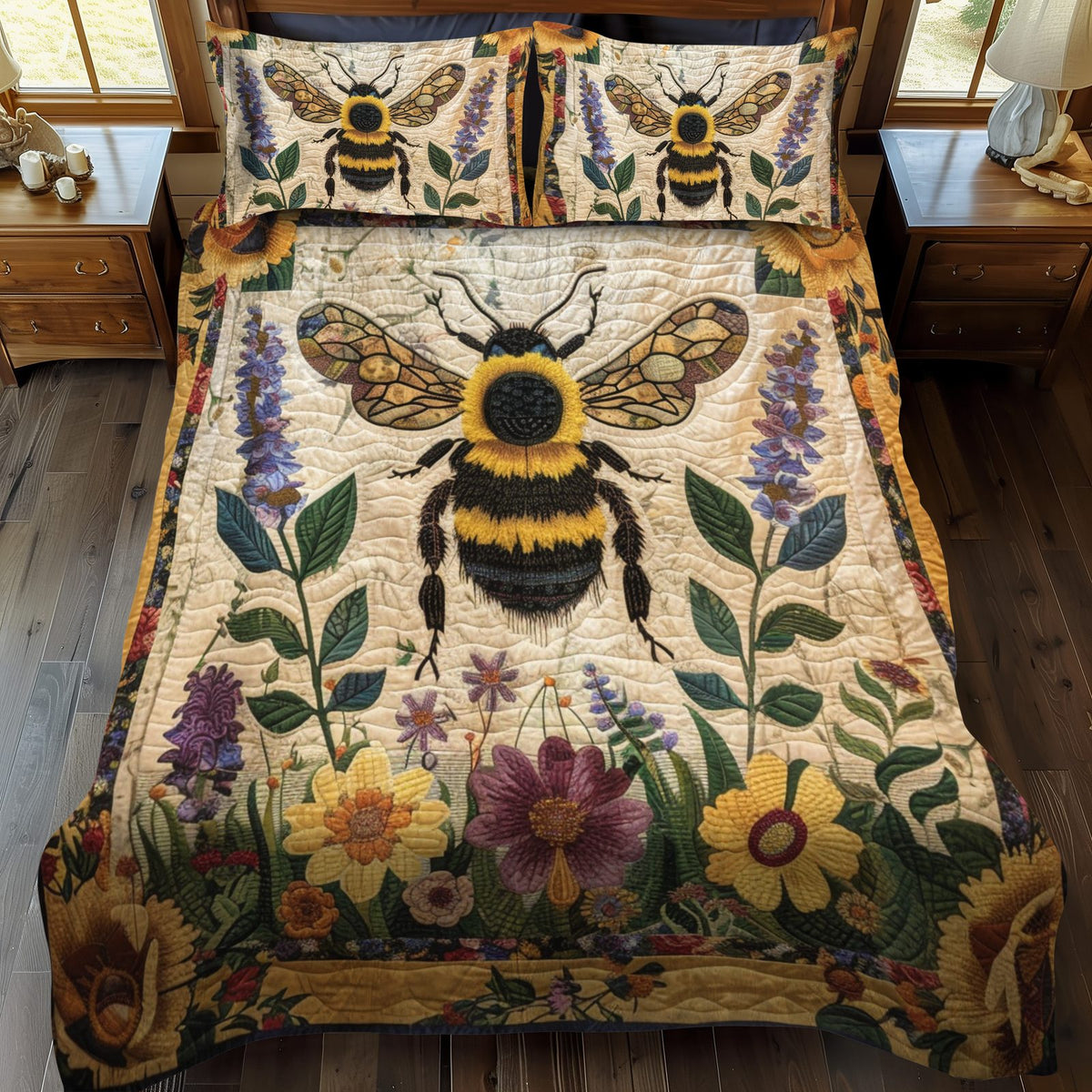 Meadow Bee quilted 3-piece bedding set on a made bed with two matching pillow shams