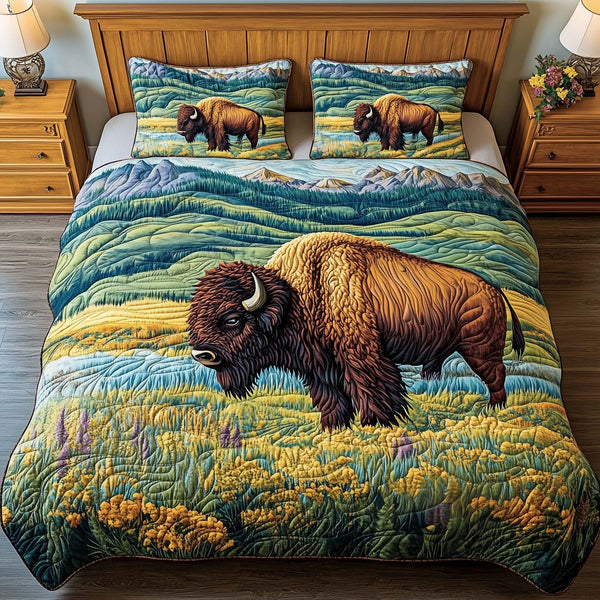 Meadow Bison quilted 3-piece bedding set on a made bed in a rustic timber bedroom