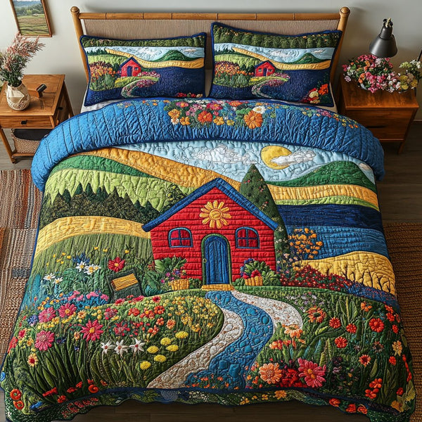 Meadow Bliss quilted 3-piece bedding set on a made bed with two matching pillow shams