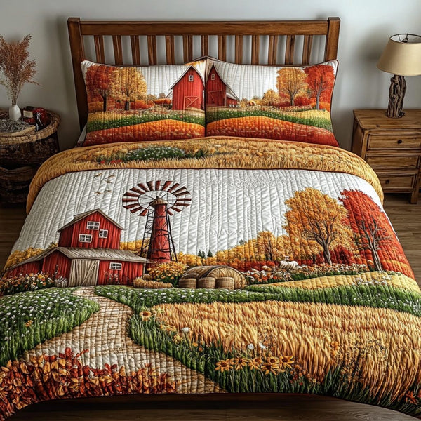 Meadow Bliss quilted 3-piece bedding set on a made bed with two matching pillow shams