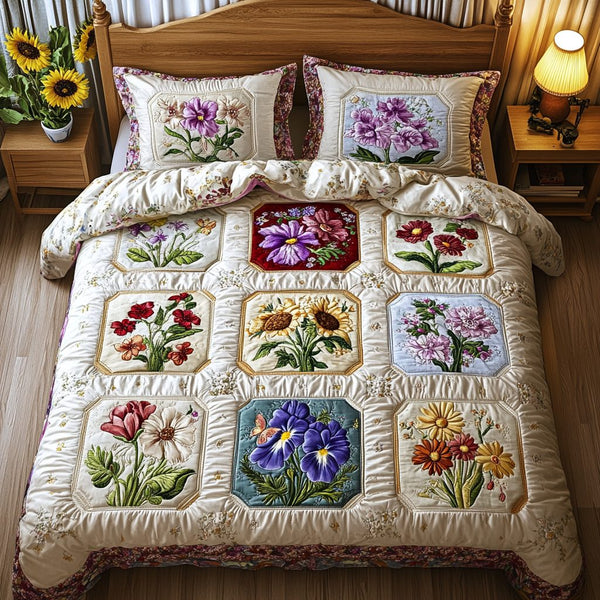 Meadow Bliss quilted 3-piece bedding set on a made bed with two matching pillow shams