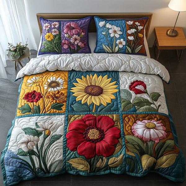 Meadow Bloom quilted 3-piece bedding set on a made bed with two matching pillow shams