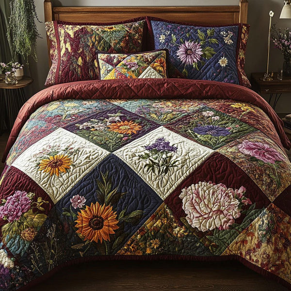 Meadow Bloom quilted 3-piece bedding set on a made bed with two matching pillow shams