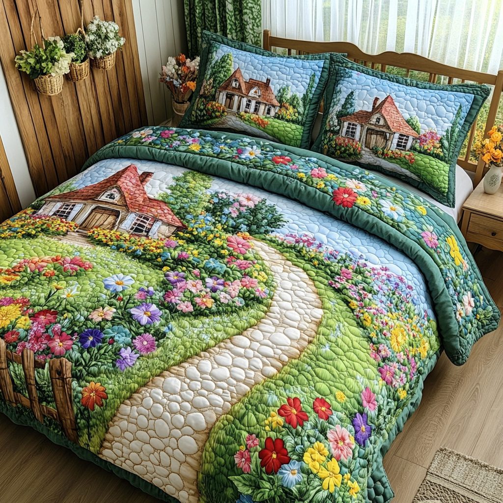 Meadow Bloom quilted 3-piece bedding set on a made bed with two matching pillow shams